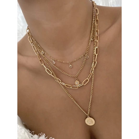 Round Pendant Layered Necklace Gold Toned - Picture 3 of 7